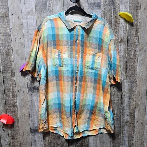 Tommy Bahama Relax Shirt Mens 100% Linen Multicolor Plaid Short Sleeve Button Do - Picture 1 of 3